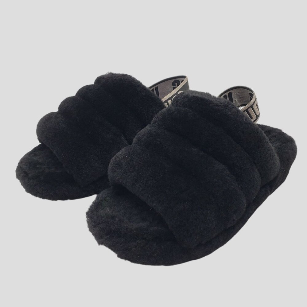 Ugg Womens Fluff Yeah Slide Sandals Black Sheepskin Size 5